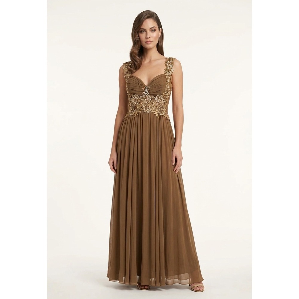 Mandalay Evening Gown Size 6 Brown Embellished Gold Floral Lace Vintage Glamour